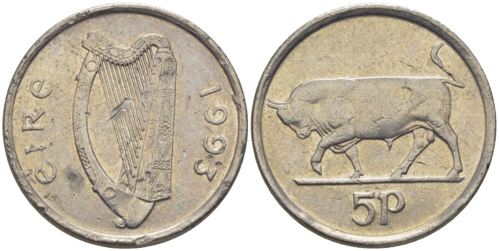 ИРЛАНДИЯ 5 ПЕНСОВ 1993 БЫК KM 28 медно-никель 179-1011
