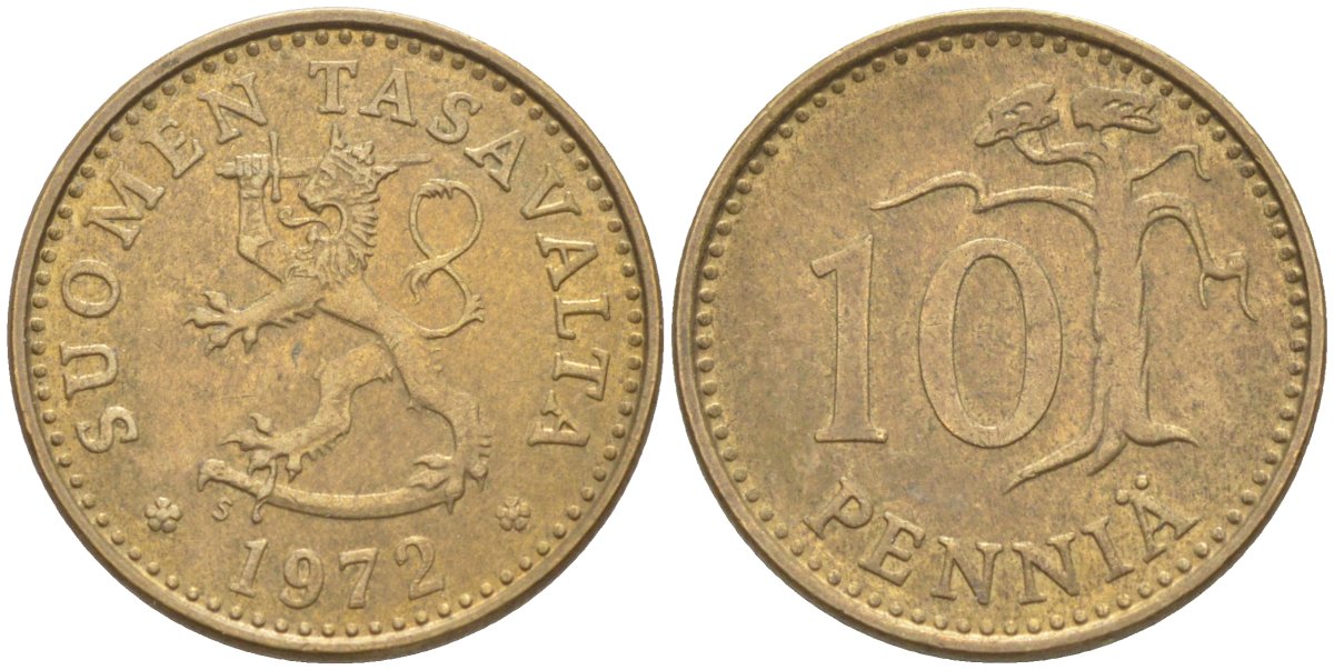Финляндия 10 пенни 1972 S KM 46 алюминиевая бронза 219-1152
