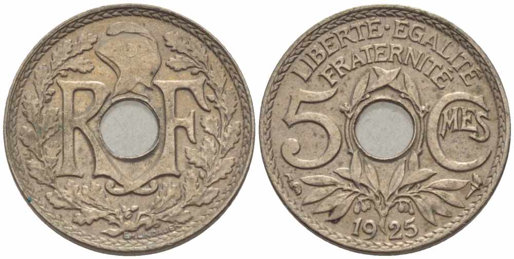 ФРАНЦИЯ 5 САНТИМОВ 1925 ТИП ЛИНДАЙЁ KM 875, LE FRANC 122.10 медно-никель 105-354