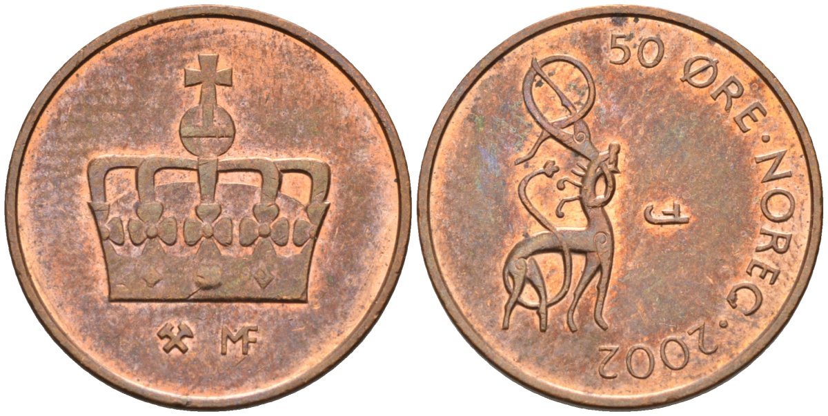 Норвегия 50 эре 2002 Харальд V (1991- ) KM 460 бронза 4582-554
