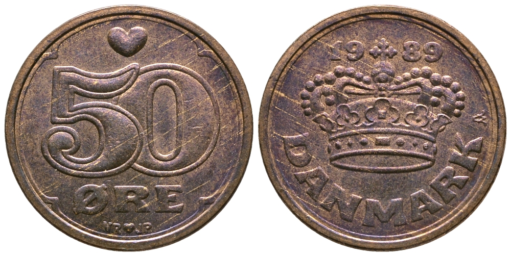 Дания 50 эре 1989 Маргрете II (1972- ) KM 866.1 бронза 54-948