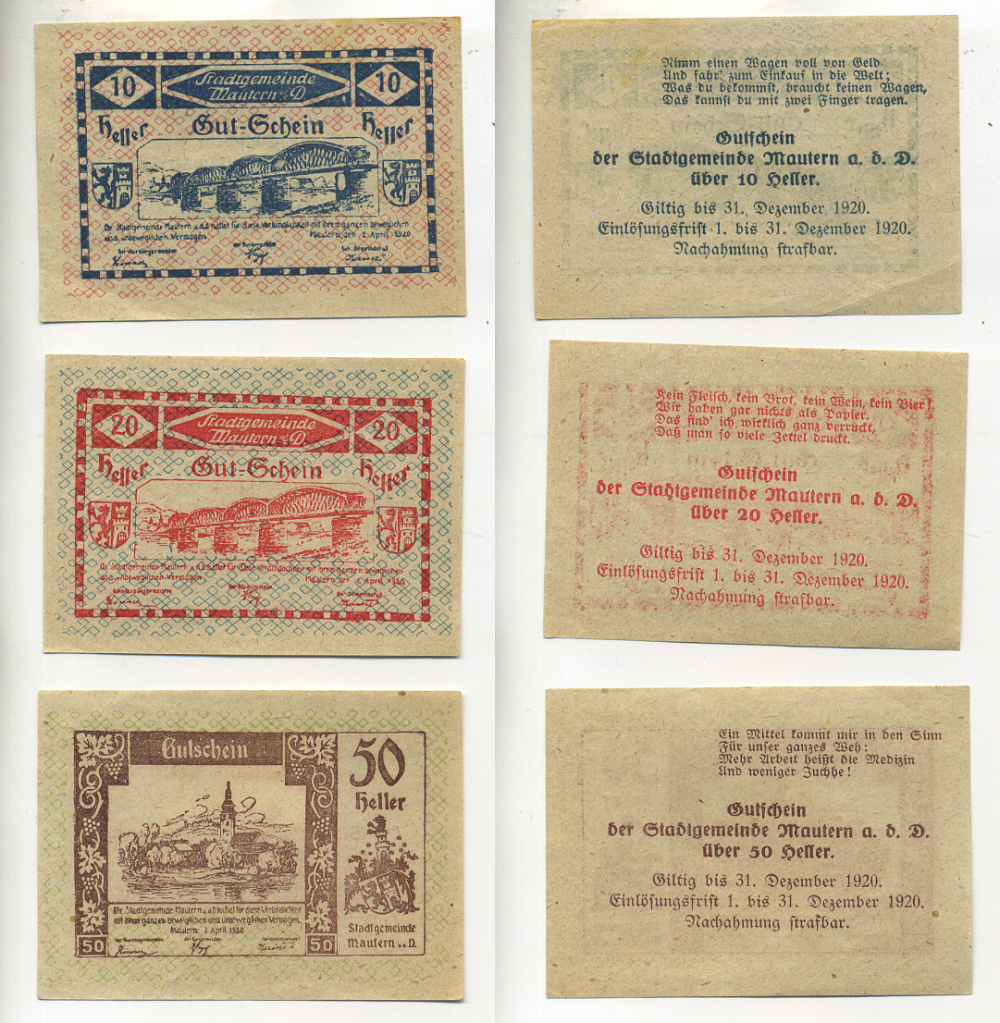 АВСТРИЯ НАБОР ИЗ 3 БАНКНОТ 1920 2 АПРЕЛЯ 1920- 31 ДЕКАБРЯ 1920, НОТГЕЛЬД, 10, 20, 50 ГЕЛЛЕРОВ, MAUTERN am der DONAU бумага XF 6317-42-1