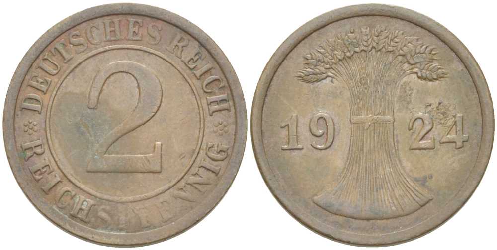 ГЕРМАНИЯ 2 РЕЙХСПФЕННИГА 1924 А KM 38, J. 314, Weege 4 бронза 211-569