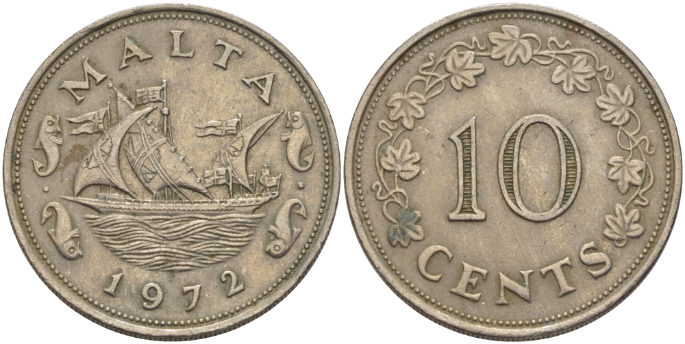 Мальта 10 центов 1972 баржа Великого магистра KM 11 медно-никель 82-531