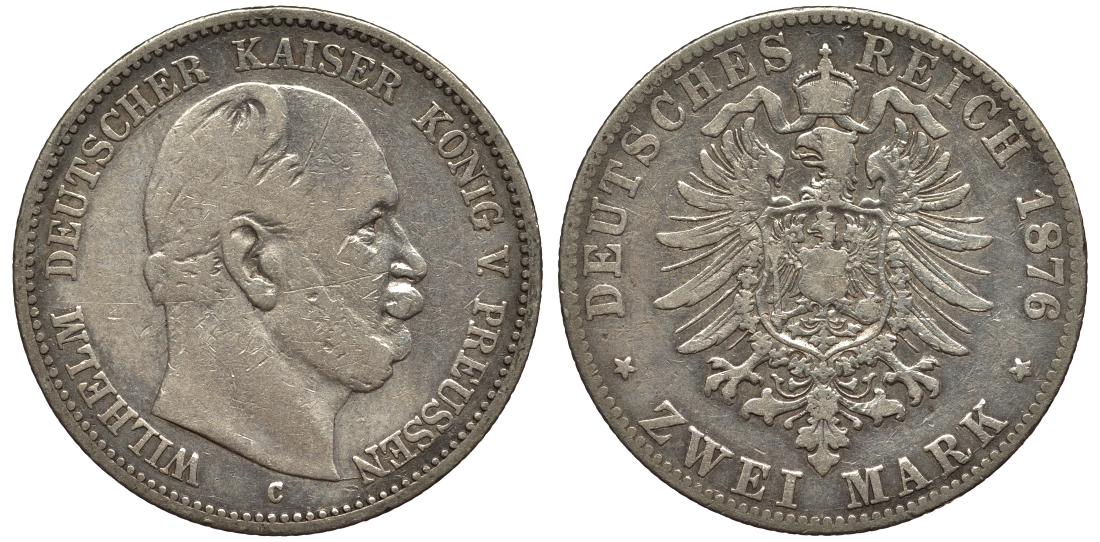 Пруссия 2 марки 1876 C, Вильгельм I (1861-1888) Weege 96, J. 96, KM 506 серебро 02-014-15