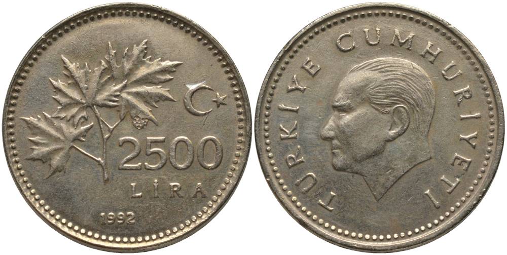ТУРЦИЯ 2500 ЛИР 1992 АТАТЮРК KM 1015 никель бронза 111-525
