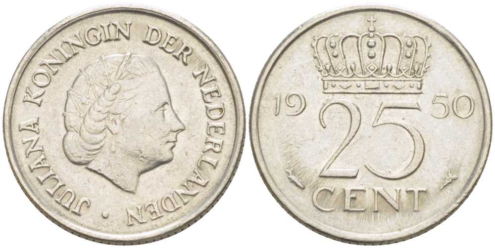 НИДЕРЛАНДЫ 25 ЦЕНТОВ 1950 ЮЛИАНА (1948-1980) KM 183 никель 214-912