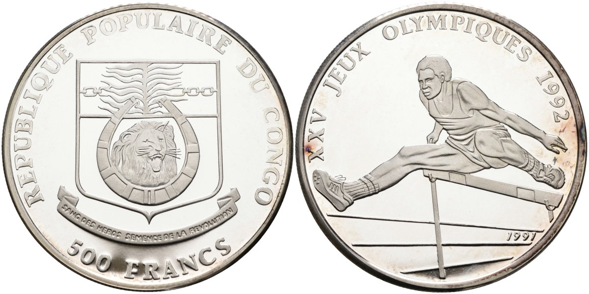 Конго 500 франков 1991 XXV олимпийские игры 1992 года в Барселоне, бег с барьерами, тираж 10000 экз. KM 9а серебро PROOF 00-00