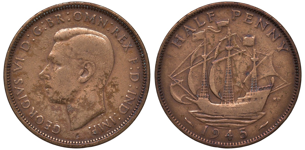 Великобритания 1/2 пенни 1945 Георг VI (1936-1952) KM 844, Spink 4115 бронза 4122-757