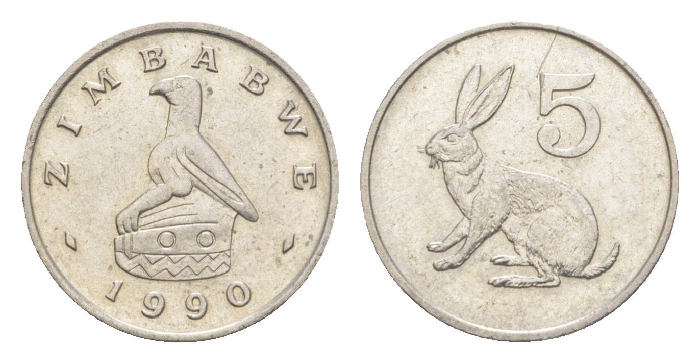 Зимбабве 5 центов 1990 рыжий кролик KM 2 медно-никель aUNC 4651-857