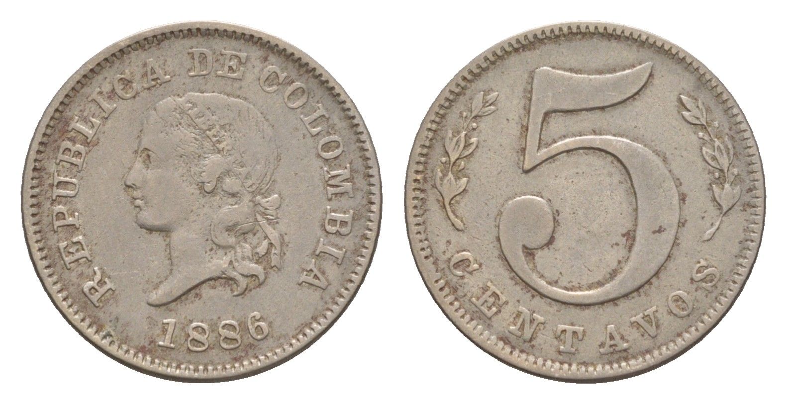 Колумбия 5 сентаво 1886 KM 184 медно-никель 4655-619