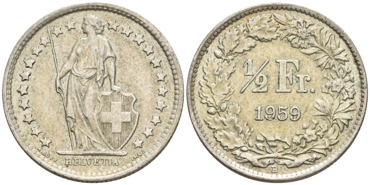 Швейцария 1/2 франка 1959 B KM 23 серебро 4608-516