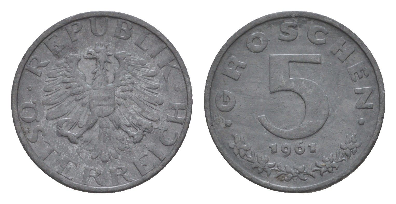 Австрия 5 грошей 1961 KM 2875 цинк aUNC 4567-329