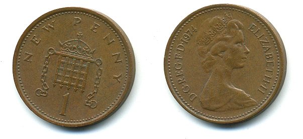 Великобритания 1 пенни 1974 Елизавета II (1952-2022) КМ 915, Spink B1 бронза 4110-813