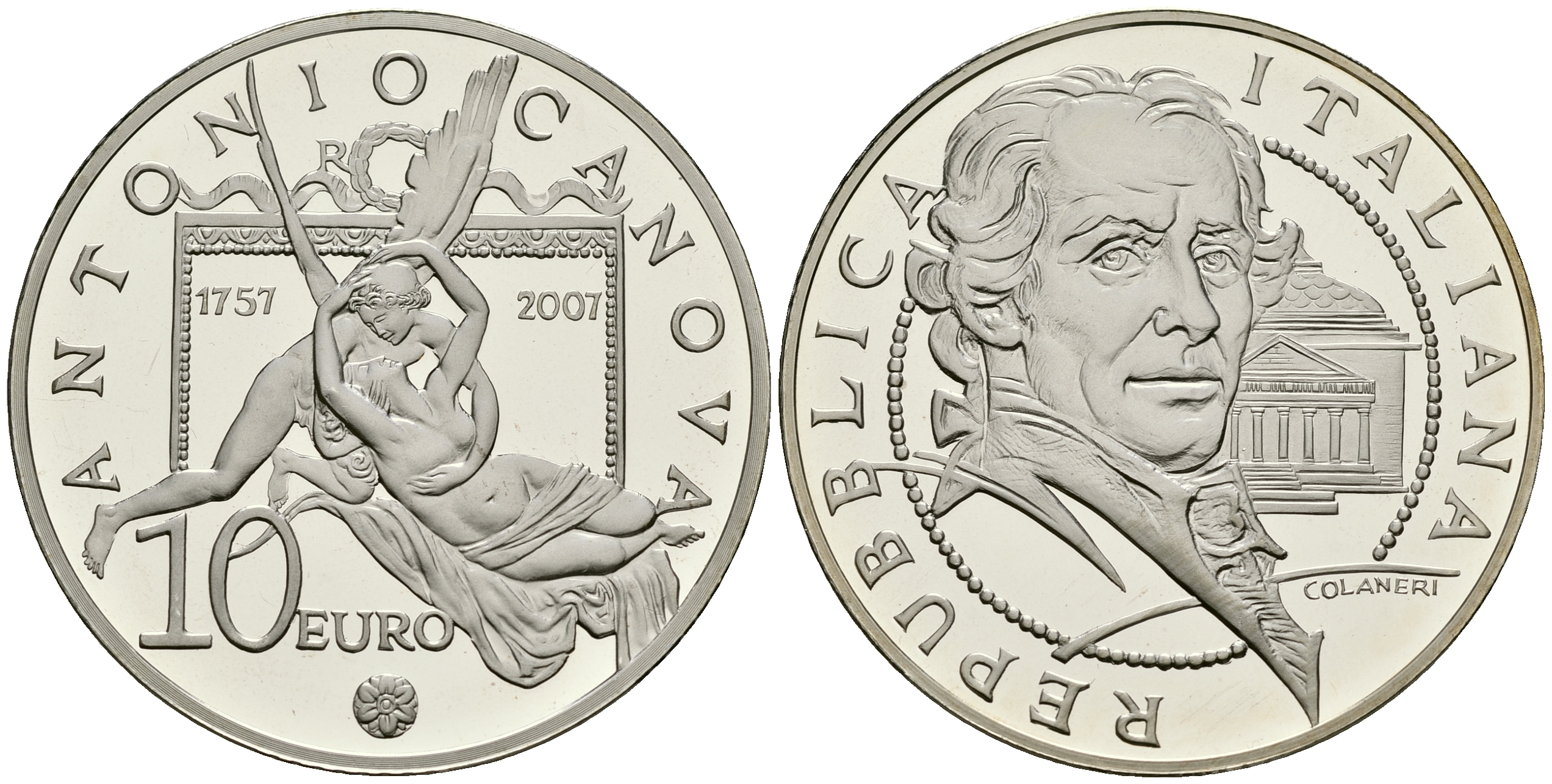 Италия 10 евро 2007 250 лет со дня рождения скульптора Антонио Кановы KM 296 серебро PROOF 3-6-2-35