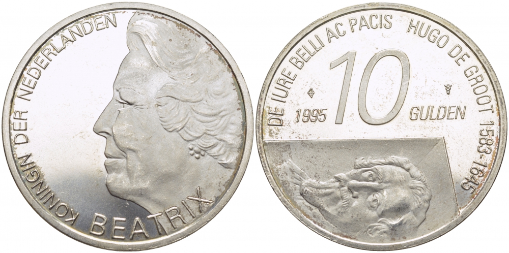 Нидерланды 10 гульденов 1995 300 лет со дня смерти Хьюго Грута, королева Беатрикс KM 220 серебро 3896-1223