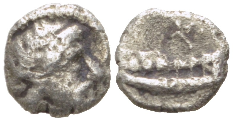 Финикия, Арад 1/12 статера (обол) 400 - 350 гг. до н.э. голова бога Дагона / финикийский корабль, 0,81 гр Klein 704 серебро 1073-11-62