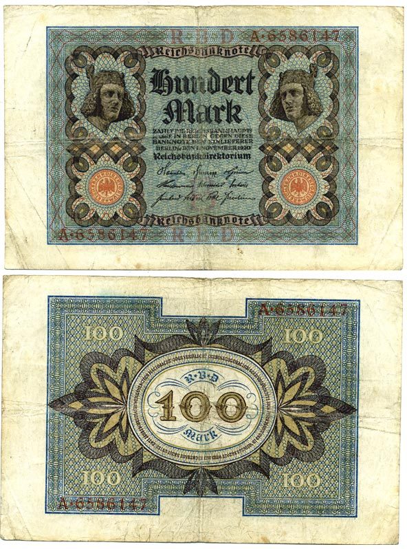 Германия 100 марок 1920 Бамбергский всадник, 7 цифр в номере Pick 69 a, Розенберг 67а  бумага 3295-115-3-1