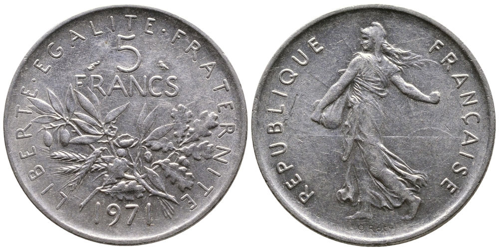Франция 5 франков 1971 сеятель KM 926a.1, Le Franc 341.3 медно-никель плакированный никелем 4680-116