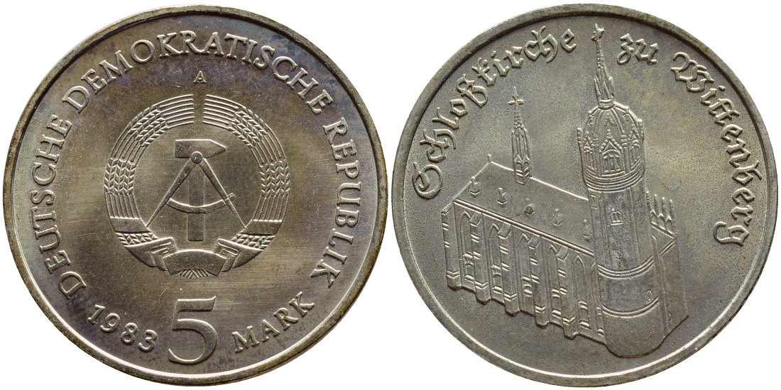 ГДР 5 марок 1983 A, замковая церковь в Виттенберге, дом Мартина Лютера KM 89 медно-никель aUNC 4680-145