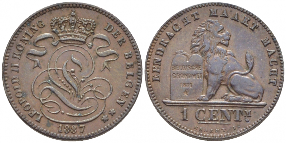 БЕЛЬГИЯ 1 САНТИМ 1887 BELGEN KM 34.1 медь 116-721