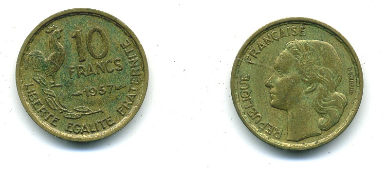 ФРАНЦИЯ 10 ФРАНКОВ 1957 KM 915.1, LE FRANC 363.13 алюминиевая бронза 84-814