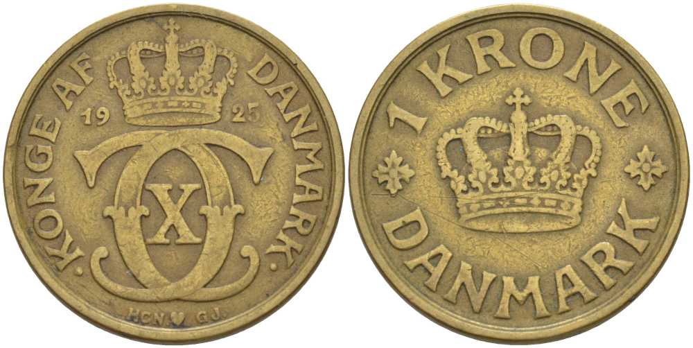 ДАНИЯ 1 КРОНА 1925 HCN; GJ, КРИСТИАН X (1912-1947) KM 824.1 алюминиевая бронза 38-424