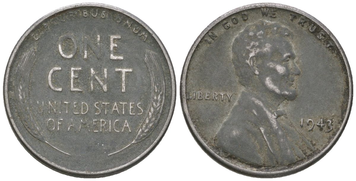 США 1 цент 1943 Авраам Линкольн KM 132 a сталь покрытая цинком 214-429