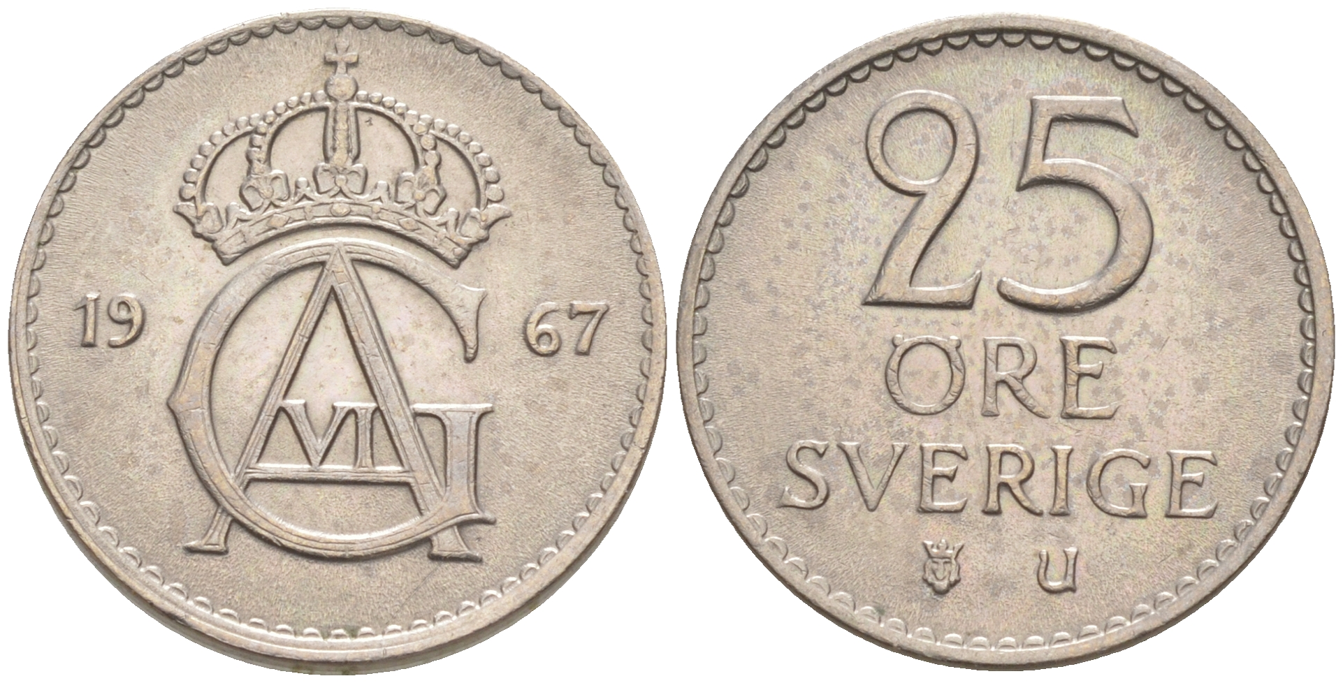 Швеция 25 эре 1967 Густав VI Адольф (1950-1973) KM 836 медно-никель UNC 187-837