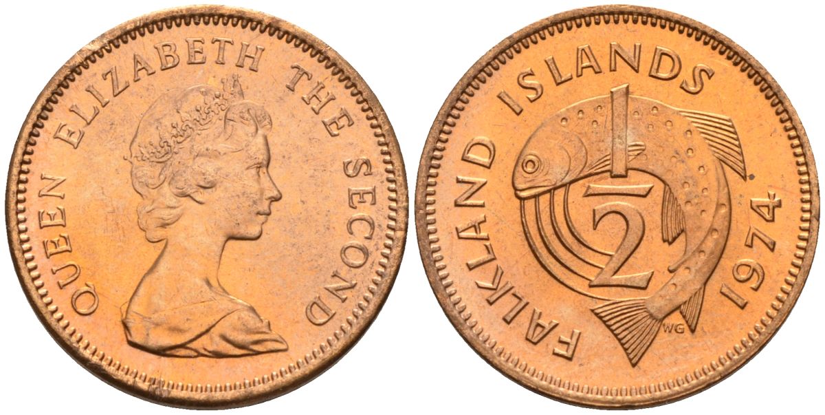 Фолклендские острова 1/2 пенни 1974 Елизавета II (1952-2022), лосось KM 1 бронза 4154-124