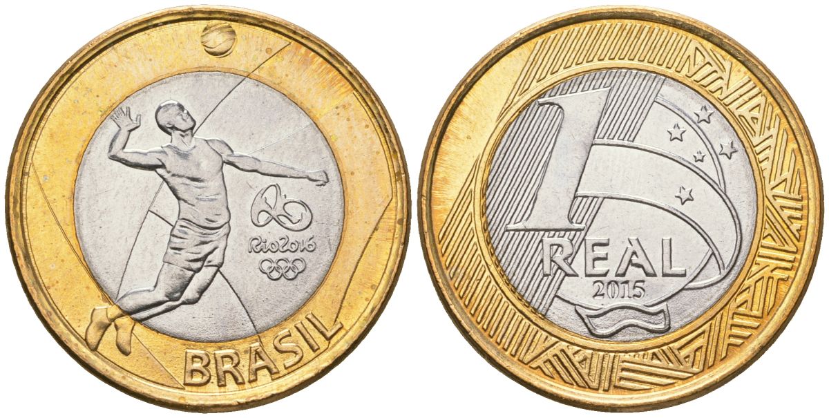 Бразилия 1 реал 2015 XXXI летние Олимпийские Игры, Рио-де-Жанейро 2016 - Волейбол KM 709 биметалл UNC 4140-142