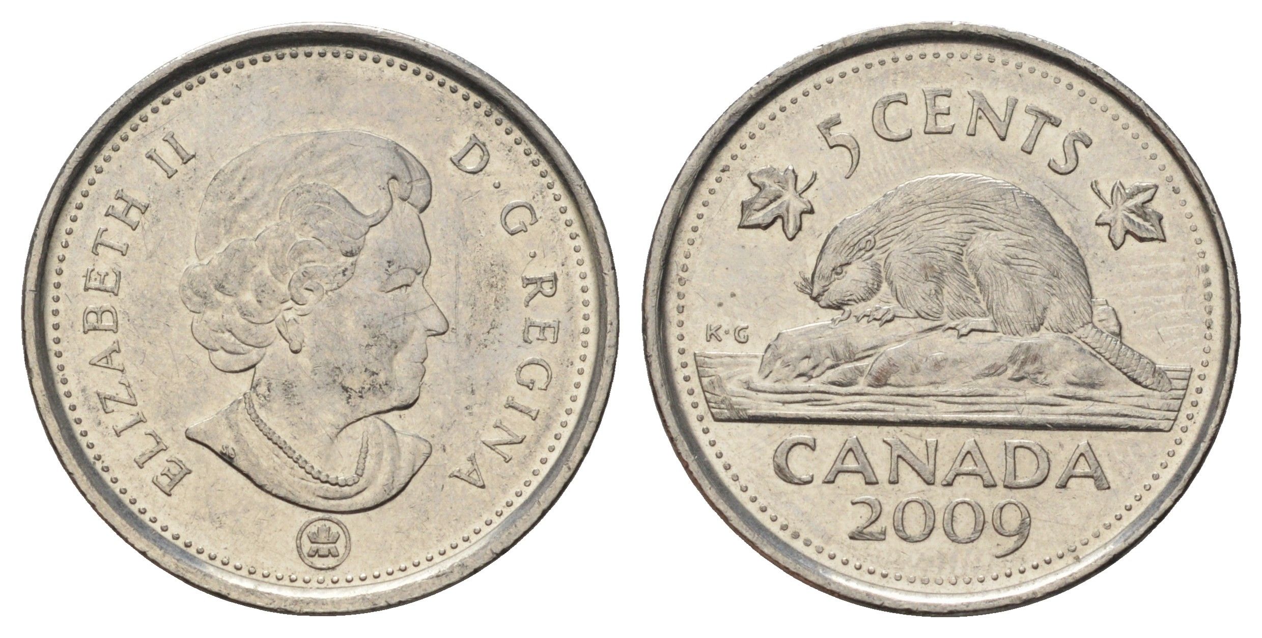 Канада 5 центов 2009 Leaf, Елизавета II (1952-2022), бобр KM 491 сталь плакированная никелем 4689-523