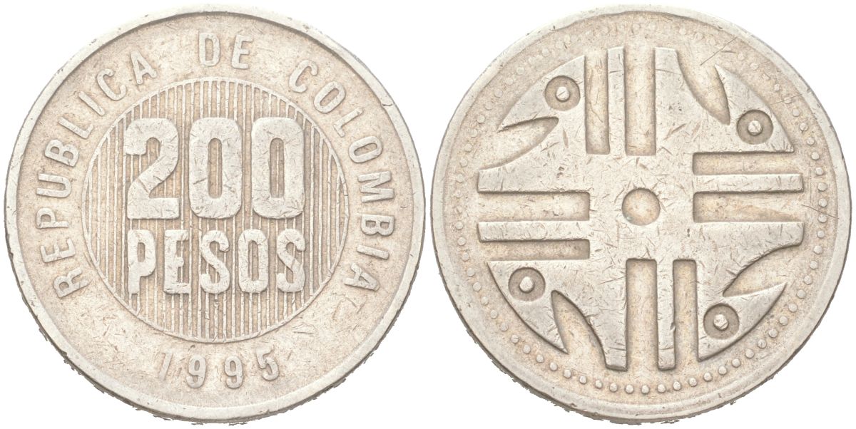 Колумбия 200 песо 1995 KM 287.2, Schon 113, Restrepo 446 медь цинк никель 4156-1035