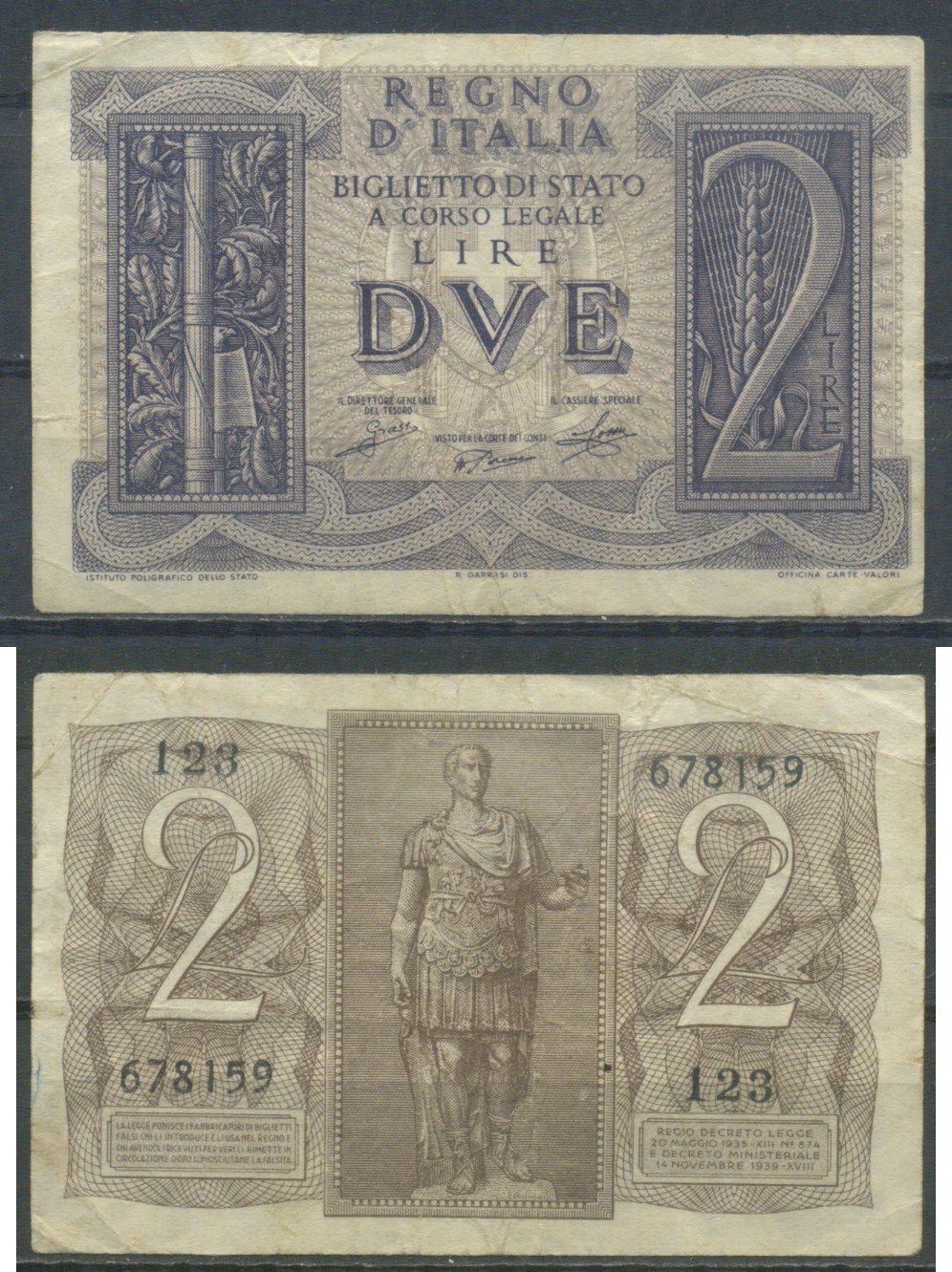 Италия 2 лиры 1939 Pick 27 бумага 8601-18-1-2