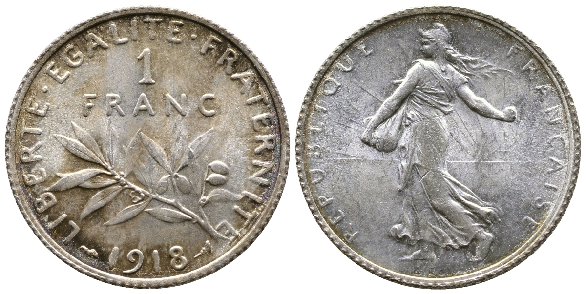 Франция 1 франк 1918 сеятель KM 844.1, Le Franc 217.24 серебро UNC 259-653