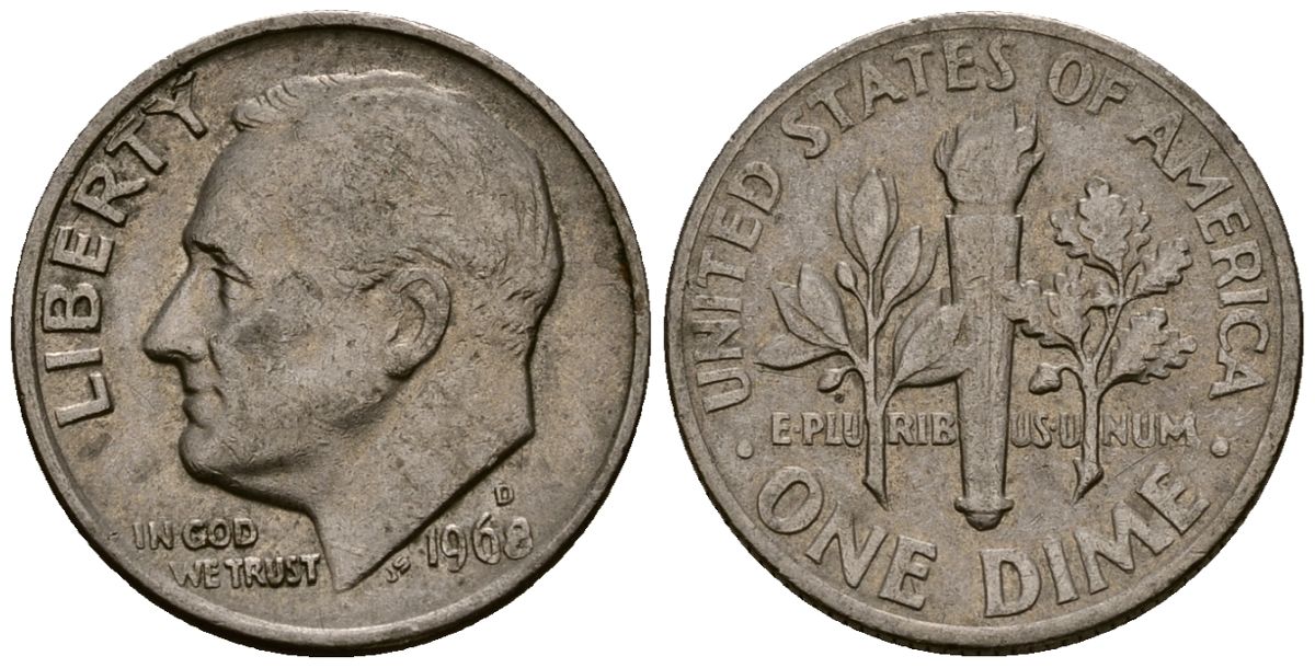 США 10 центов (дайм) 1968 Рузвельт KM 195a медь плакированная медно-никелем 4164-944