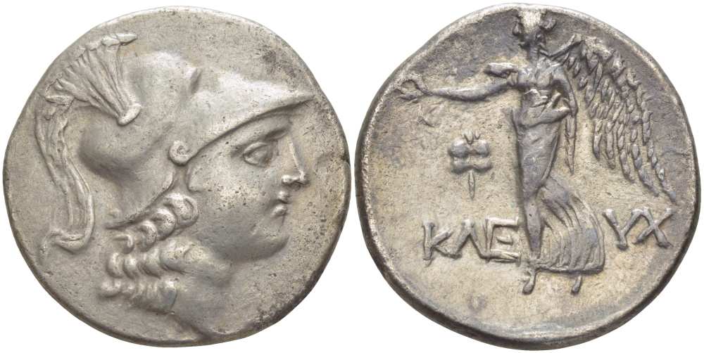 Памфилия, Сиде тетрадрахма середина I в. до н.э. голова Афины в шлеме / K?EYX, богиня Нике с лавровым венком, слева плод граната, вес 16,16 г SNG BN 695 серебро 00-821-48