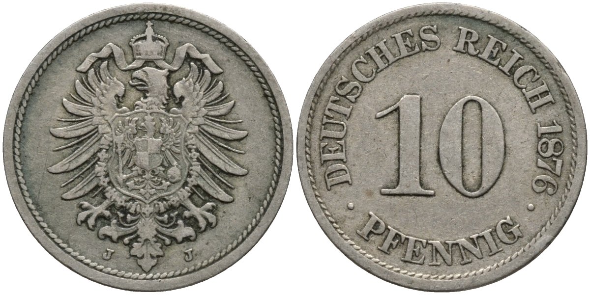Германия 10 пфеннигов 1876 J, старогербовка KM 4, Jager 4, Weege 7 медно-никель 4171-236