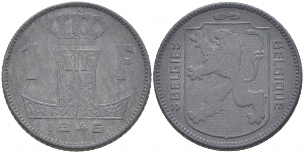 БЕЛЬГИЯ 1 ФРАНК 1946 BELGIE-BELGIQUE, ГЕРМАНСКАЯ ОККУПАЦИЯ, ВТОРАЯ МИРОВАЯ ВОЙНА KM 128 цинк 213-912