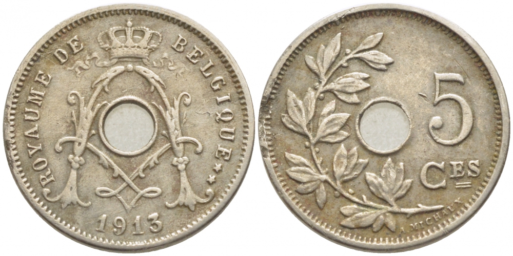 БЕЛЬГИЯ 5 САНТИМОВ 1913 BELGIQUE KM 66 медно-никель 112-229