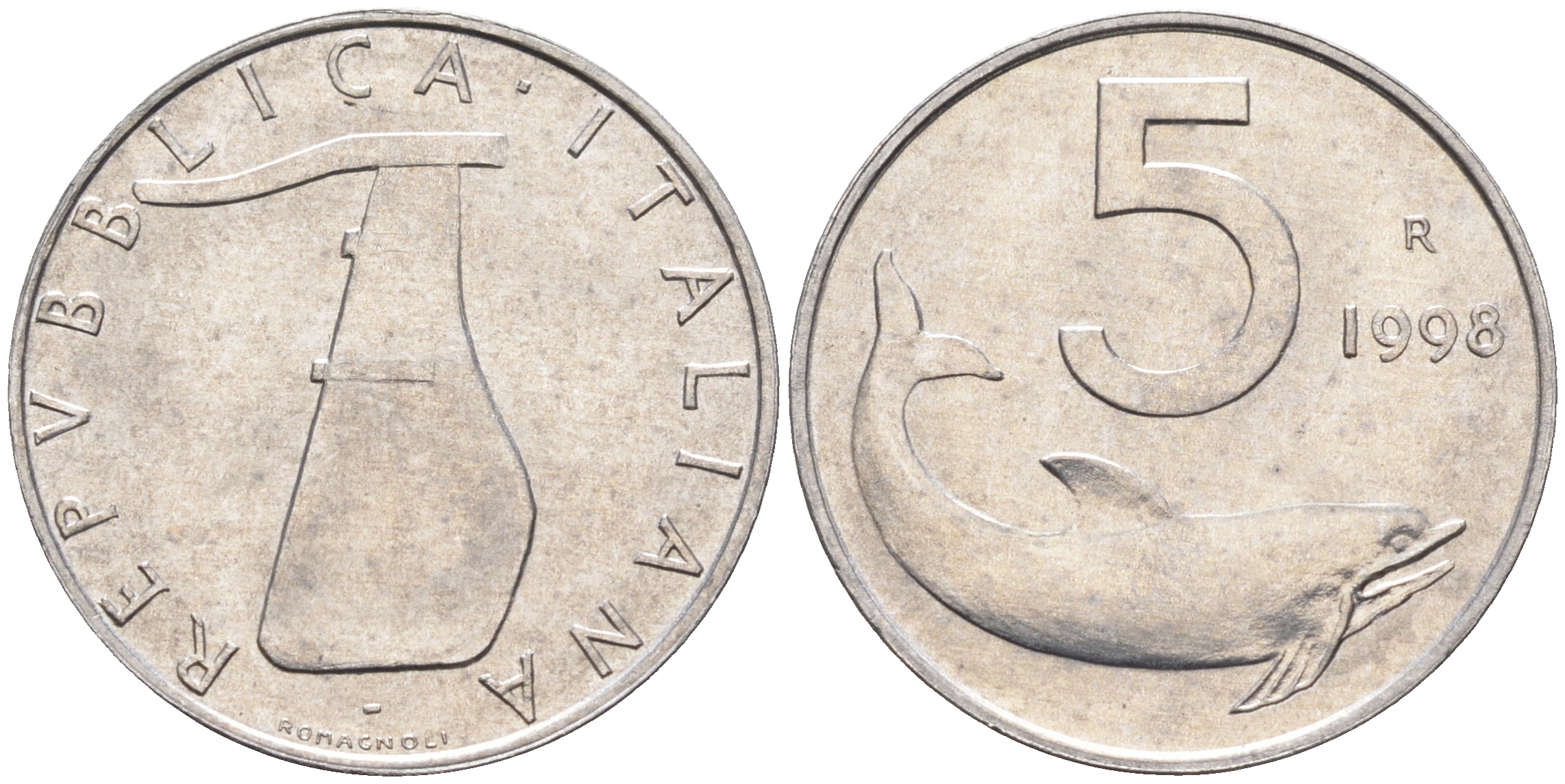 Италия 5 лир 1998 R, дельфин KM 92 алюминий  UNC  4594-934