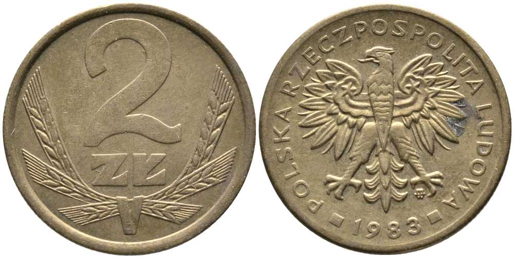 ПОЛЬША 2 ЗЛОТЫХ 1983 MW KM 80.1 латунь 110-555