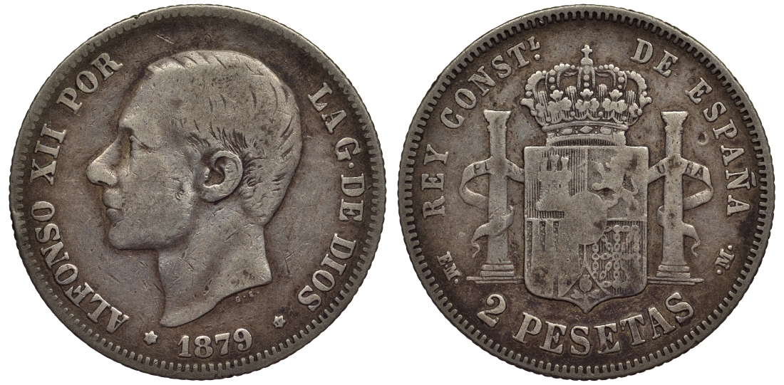 Испания 2 песеты 1879 АЛЬФОНСО XII (1874-1885) KM 678 (Y-C76) серебро 1521-231