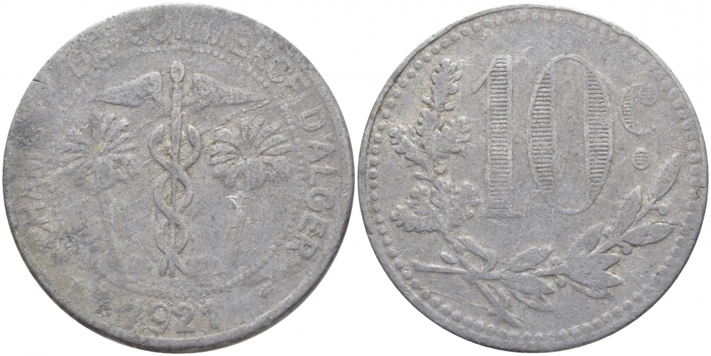 Алжир, Французская оккупация 10 сантимов 1921 Alger Chamber of Commerce KM TnA5 алюминий 114-916