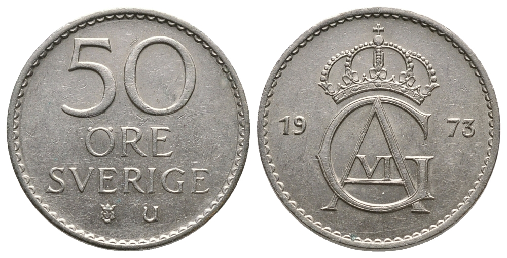 Швеция 50 эре 1973 U, Густав VI Адольф (1950-1973) KM 837 медно-никель 89-1645