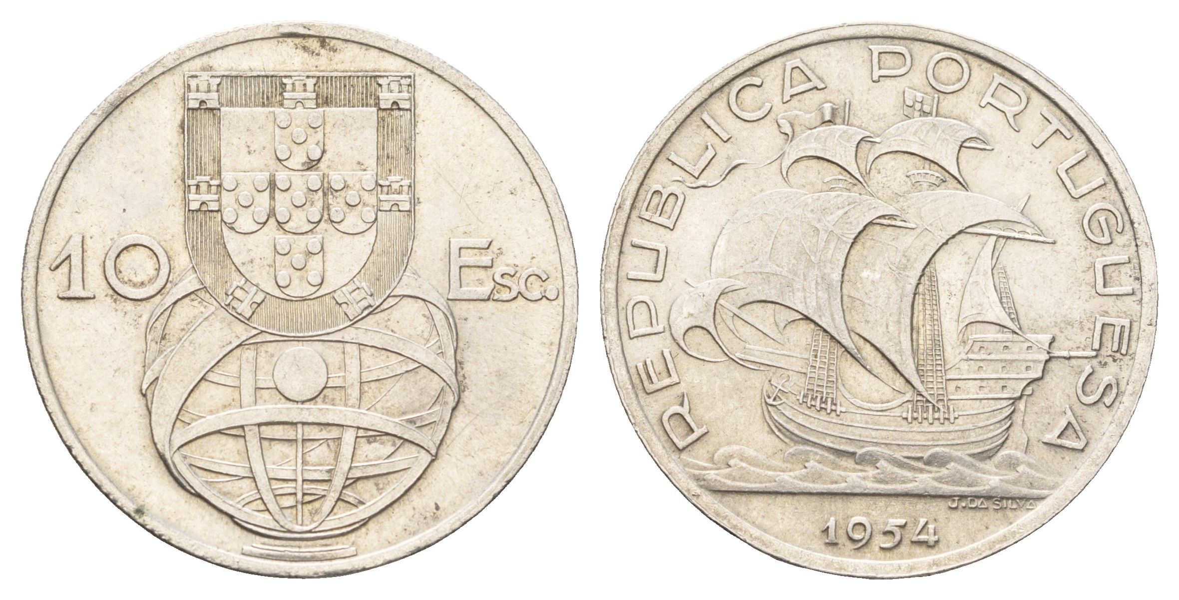 Португалия 10 эскудо 1954 KM 586 серебро aUNC 1518-615