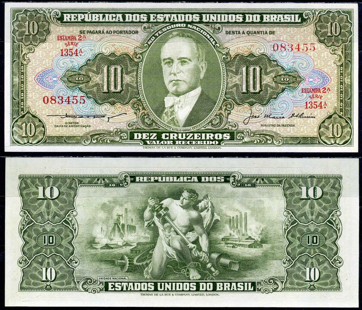 Бразилия 10 крузейро ND (1956) Pick 159 с бумага UNC (пресс) 402-56-1-2