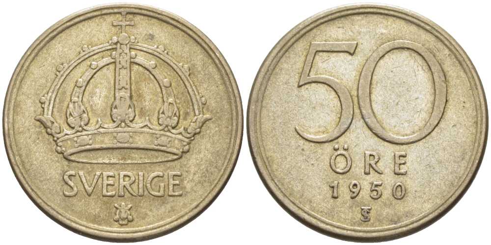 Швеция 50 эре 1950 TS, Густав V (1907-1950) KM 817 серебро 119-1057