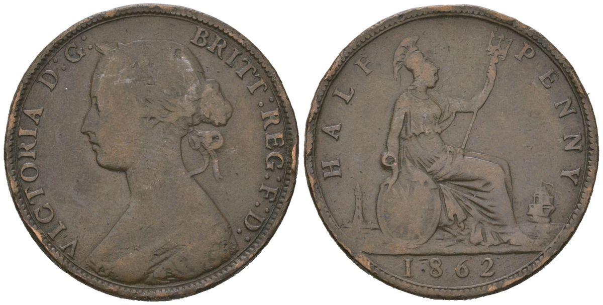 Великобритания 1/2 пенни 1862 Виктория (1837-1901) KM 748.2, Spink 3956 бронза 92-1146