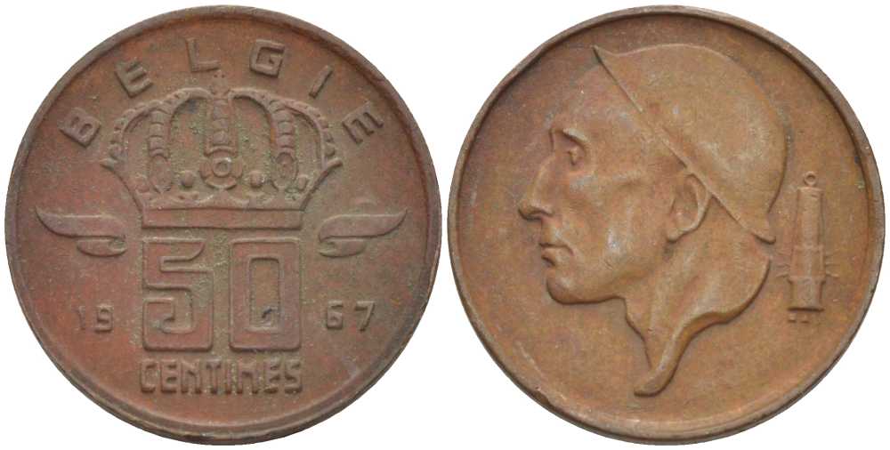 Бельгия 50 сантимов 1967 Belgie, Бодуэн I (1951-1993) KM 149.1 бронза 3458-113